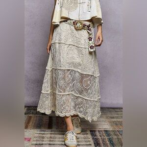 POL Floral Embroidered Tiered Crochet Skirt